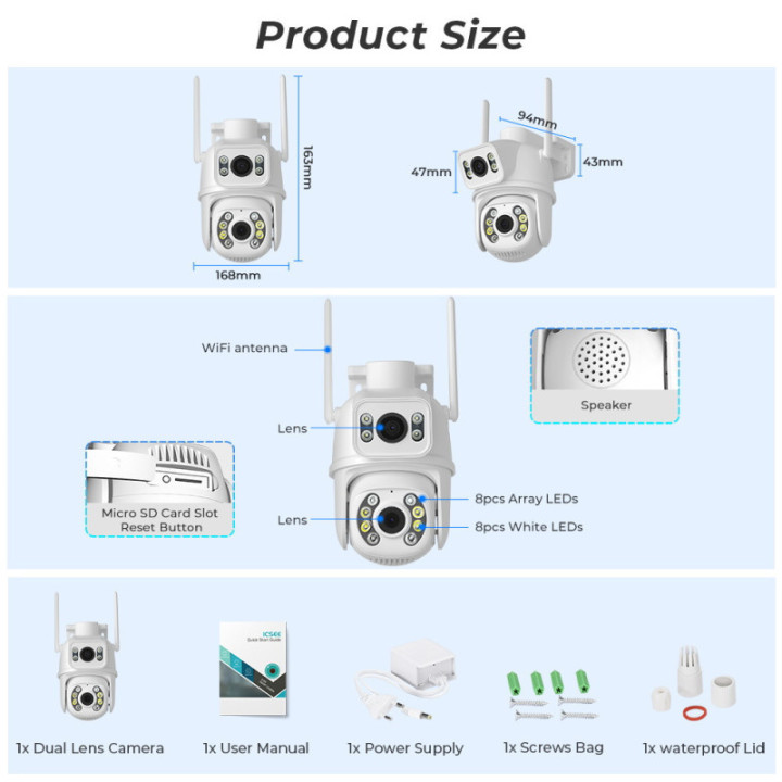 IPcamera 2in1 PTZ esterna 8MP - Wireless H.265 - Auto Tracking - APP iCSee